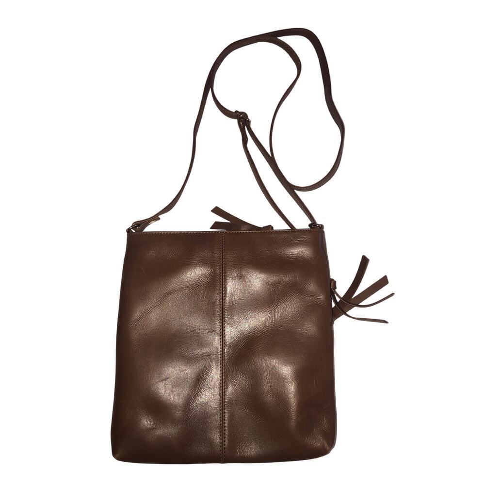 Estalon Brown Crossbody Leather Bag Outside Zip Pockets Gold Hardware Adjustable - Picture 2 of 6